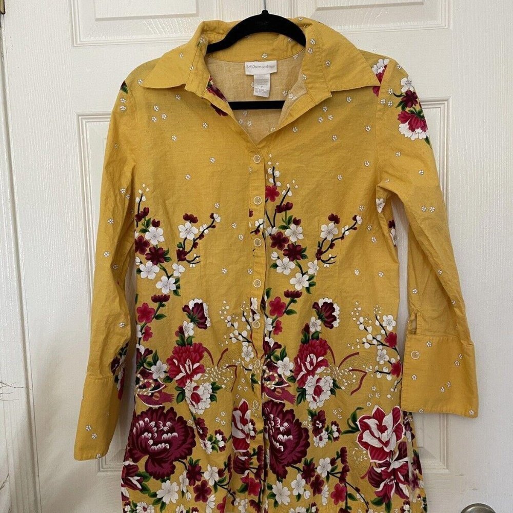 womens soft surrounding pagoda blouse yellow button up size medium m